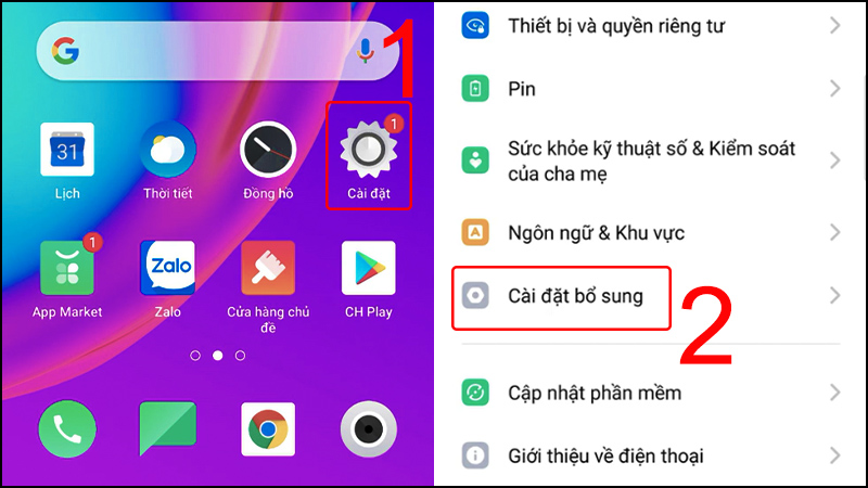 Vào cài đặt và chọn Cài đặt bổ sung